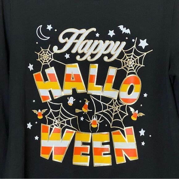 Pumpkin Happy Halloween Gold Spider Web Long Sleeve Candy Corn T-Shirt, Size M - Picture 5 of 7